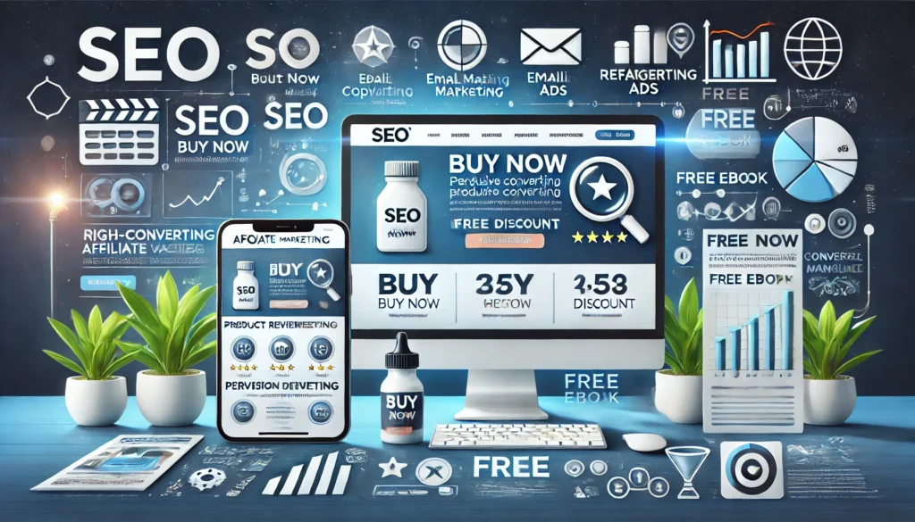 Affiliate website funnel strategy illustration showing SEO, copywriting, and conversion tips to turn visitors into customers.